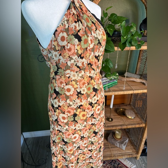 Mango Orange Toned Floral Flower Hippie High Neck Maxi Dress - Picture 2 of 6